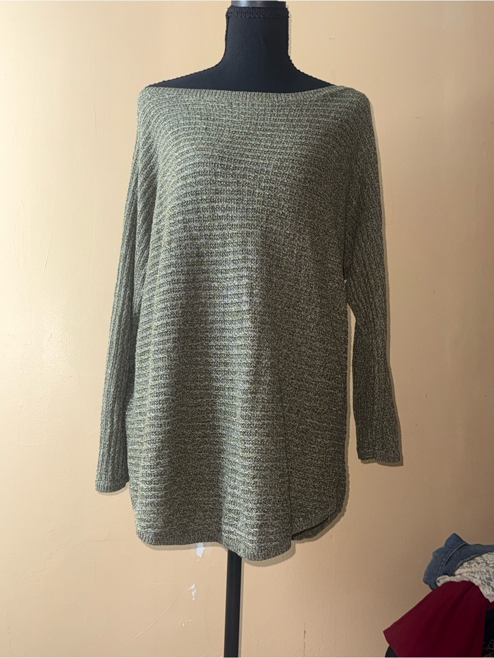 New York & Company Olive Ribbed Off-Shoulder Knit Sweater